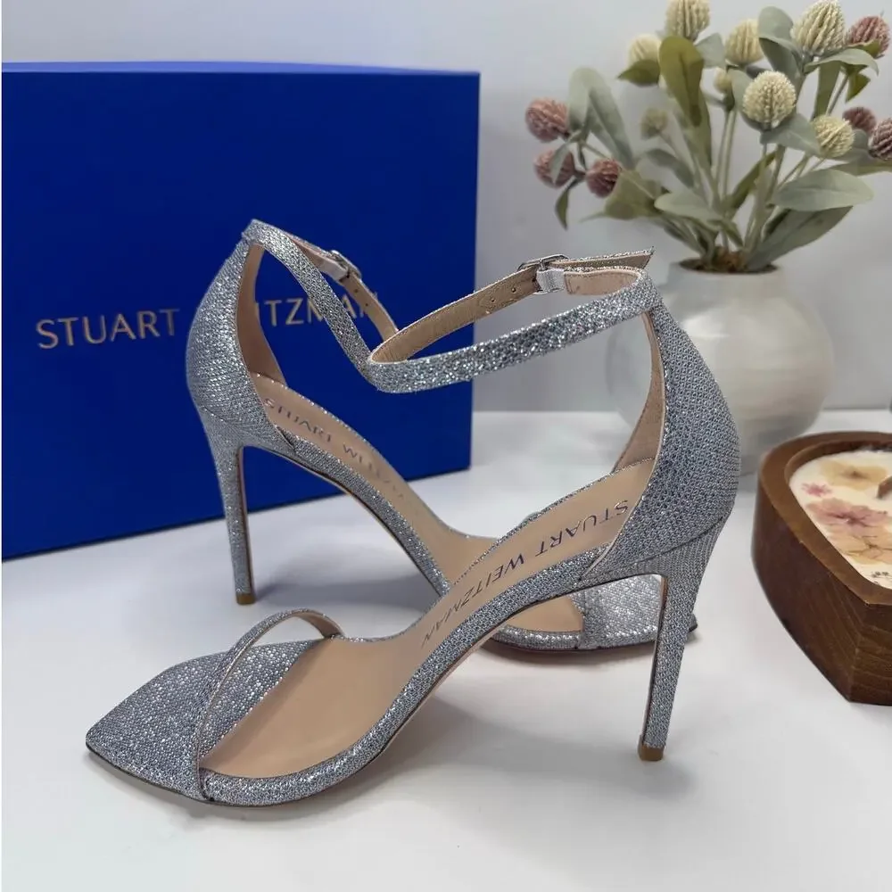 Stuart Weitzman Nudistcurve 100Sanda Ankle Strap Sandal Silver Women's 9.5B